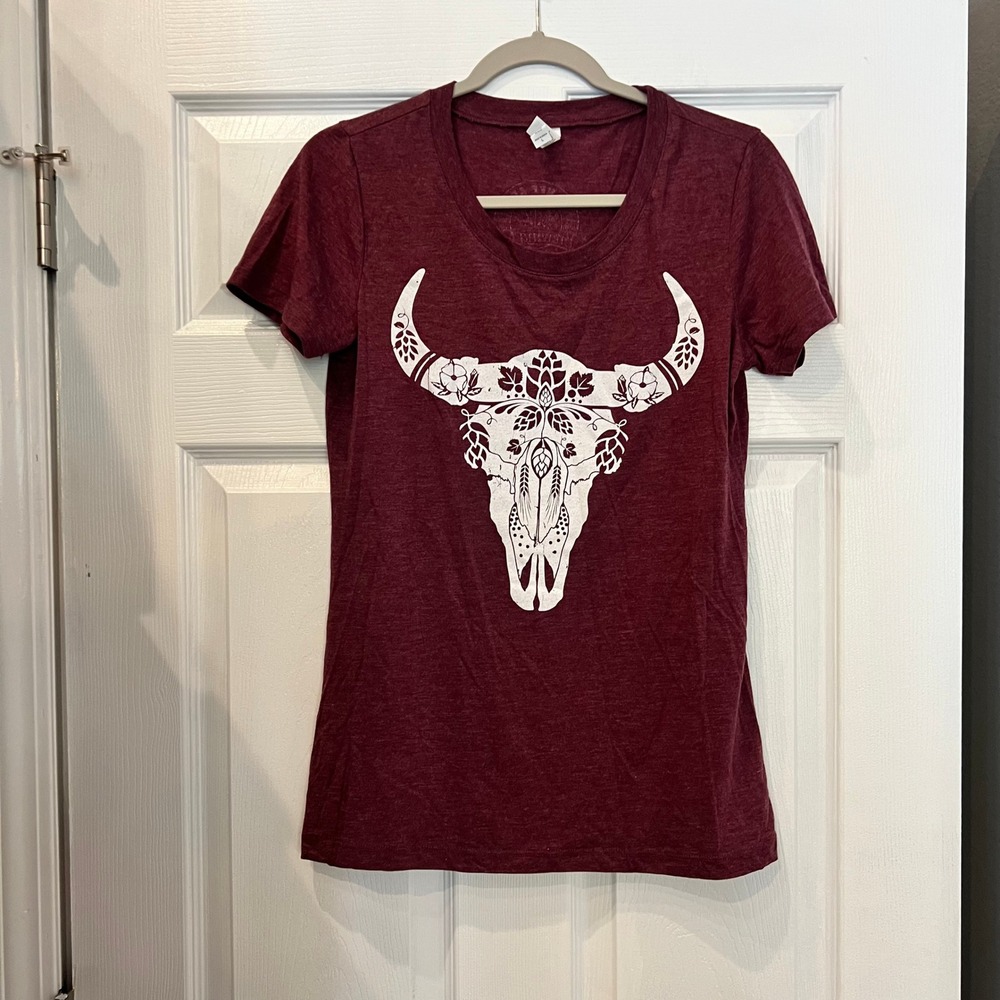 Bella Graphic T-Shirt Tri-Blend Maroon Floral Bull Skull Banff Ave Brewing L